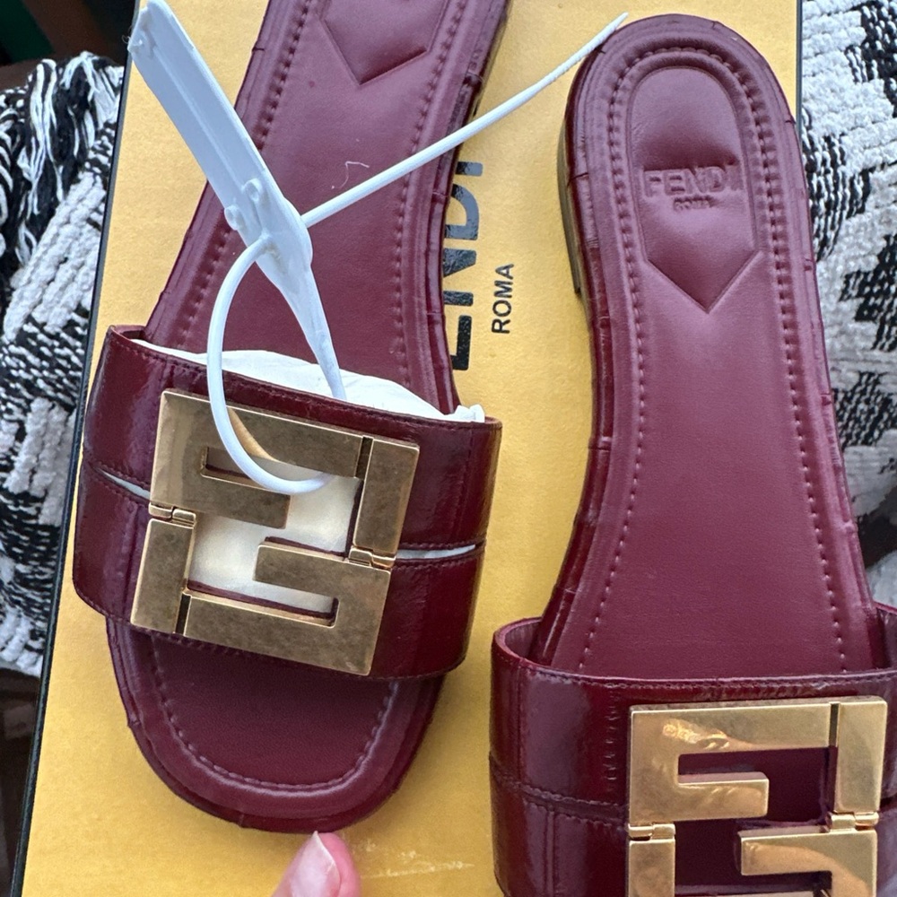 Fendi Burgundy Sandals with Gold Logo 36
